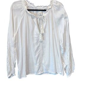 L.O.G.G. White Eyelet Sleeve Boho Peasant Blouse Top Size US 14‎ Ruffle Tie Neck